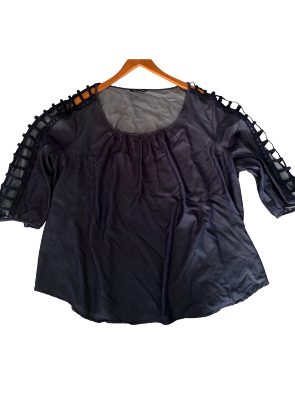 Unique Spectrum Size 2X Women's Blue Chambray Cotton Blouse Laser Cutout Sleeves - Picture 8 of 10